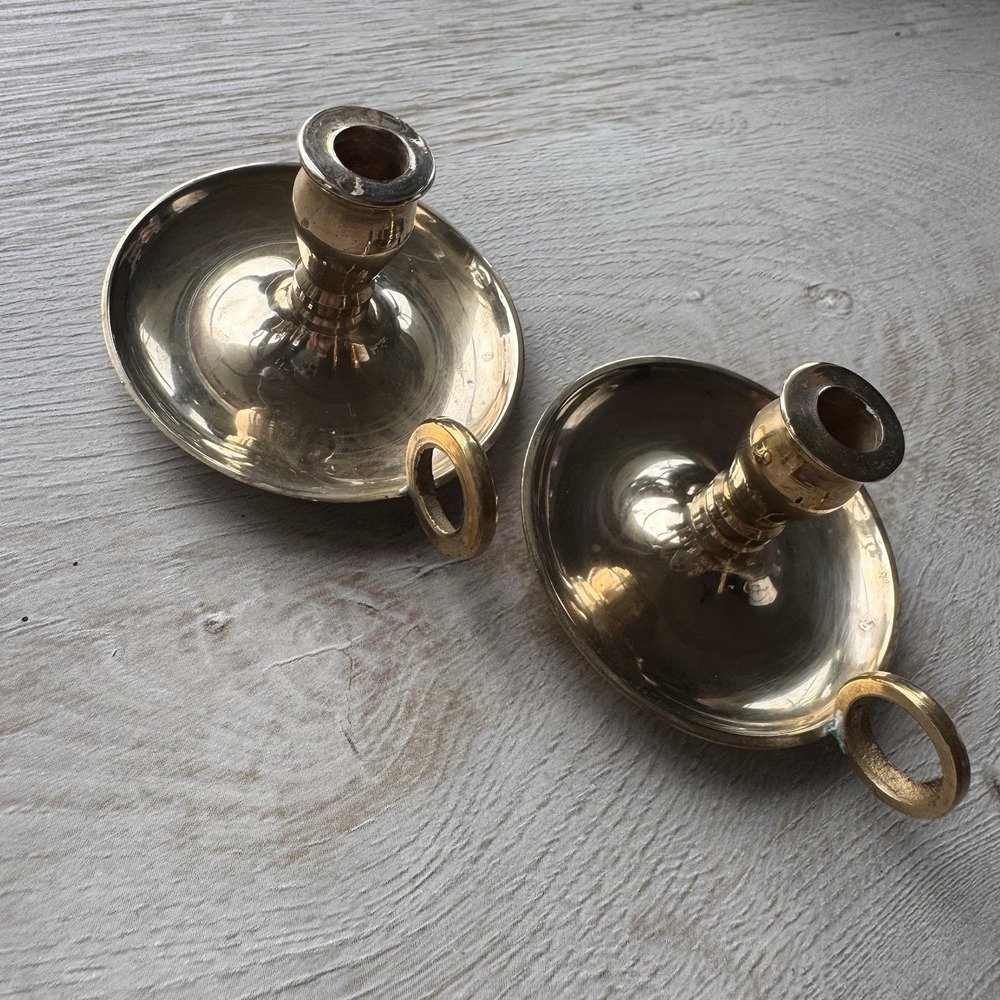 Pair of 2.5 Inch Vintage Brass Chamberstick Candle Holders With Very Small Grips